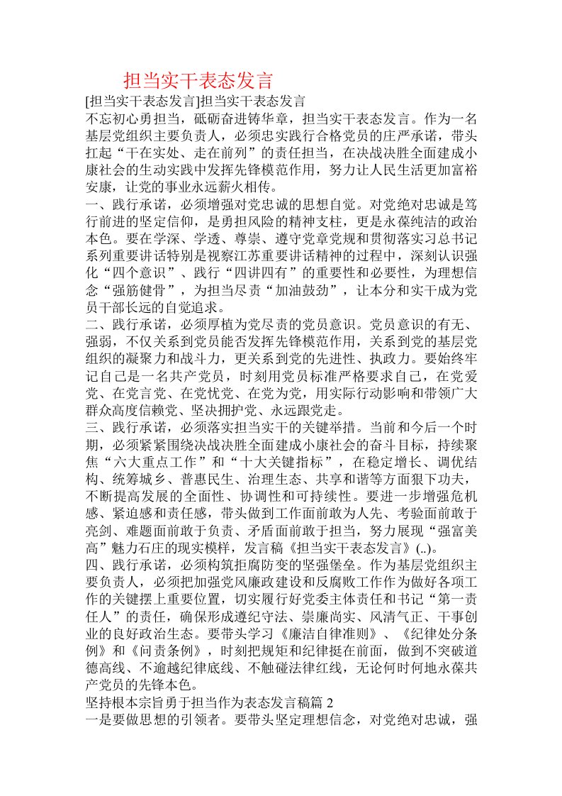 担当实干表态发言