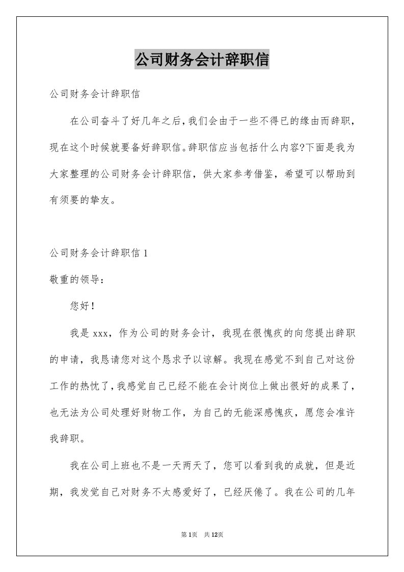 公司财务会计辞职信例文