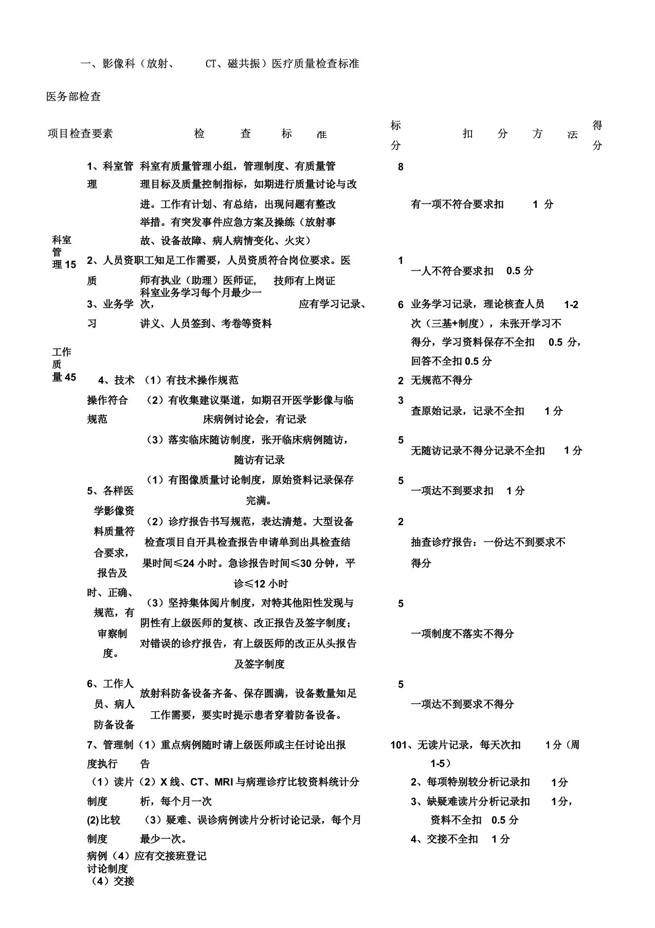 医技科室医疗质量检查标准