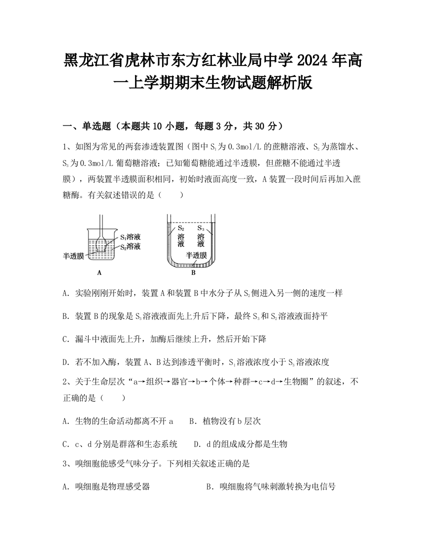 黑龙江省虎林市东方红林业局中学2024年高一上学期期末生物试题解析版