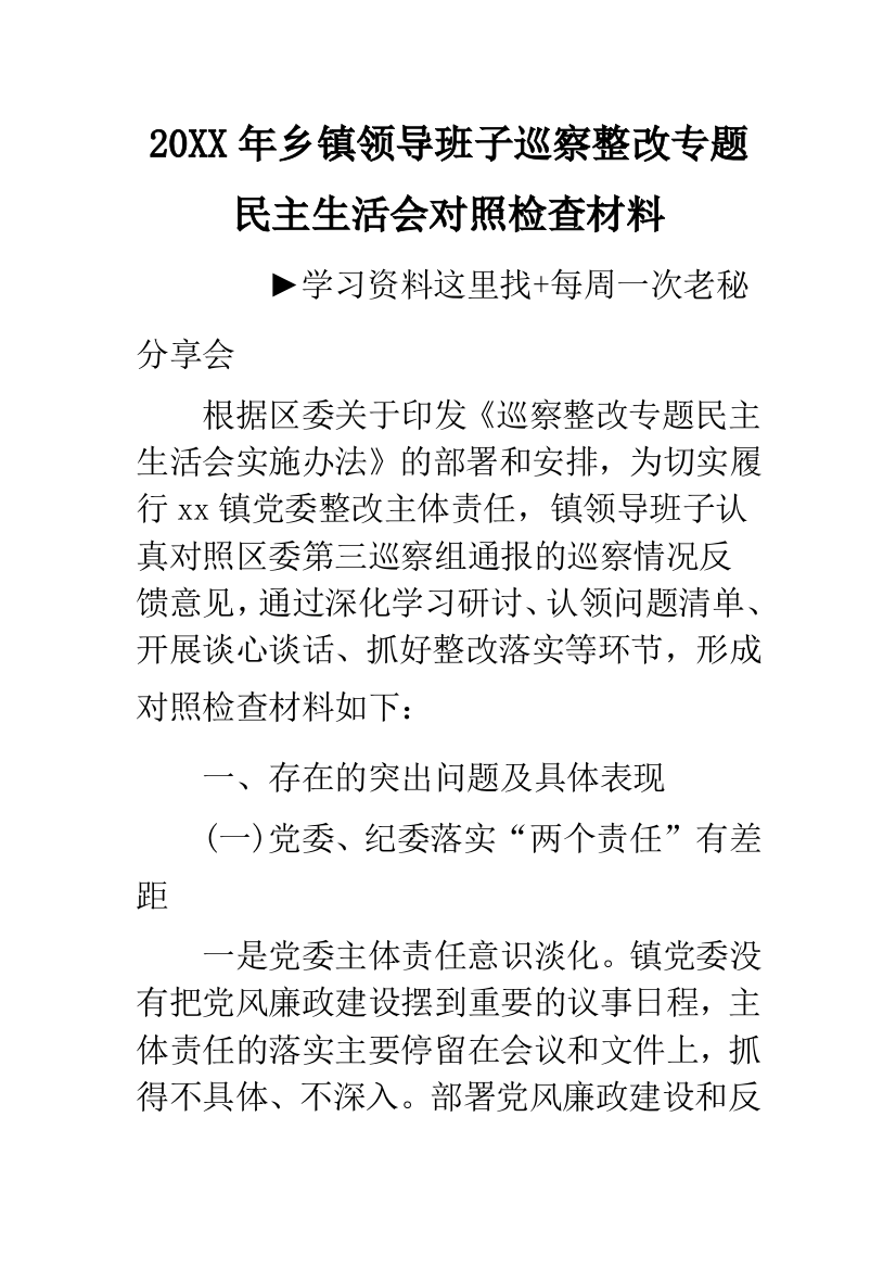 20XX年乡镇领导班子巡察整改专题民主生活会对照检查材料