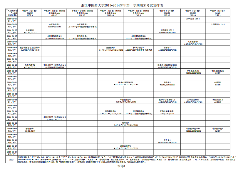 浙江中医药大学2024-2024学年第一学期期末考试安排表