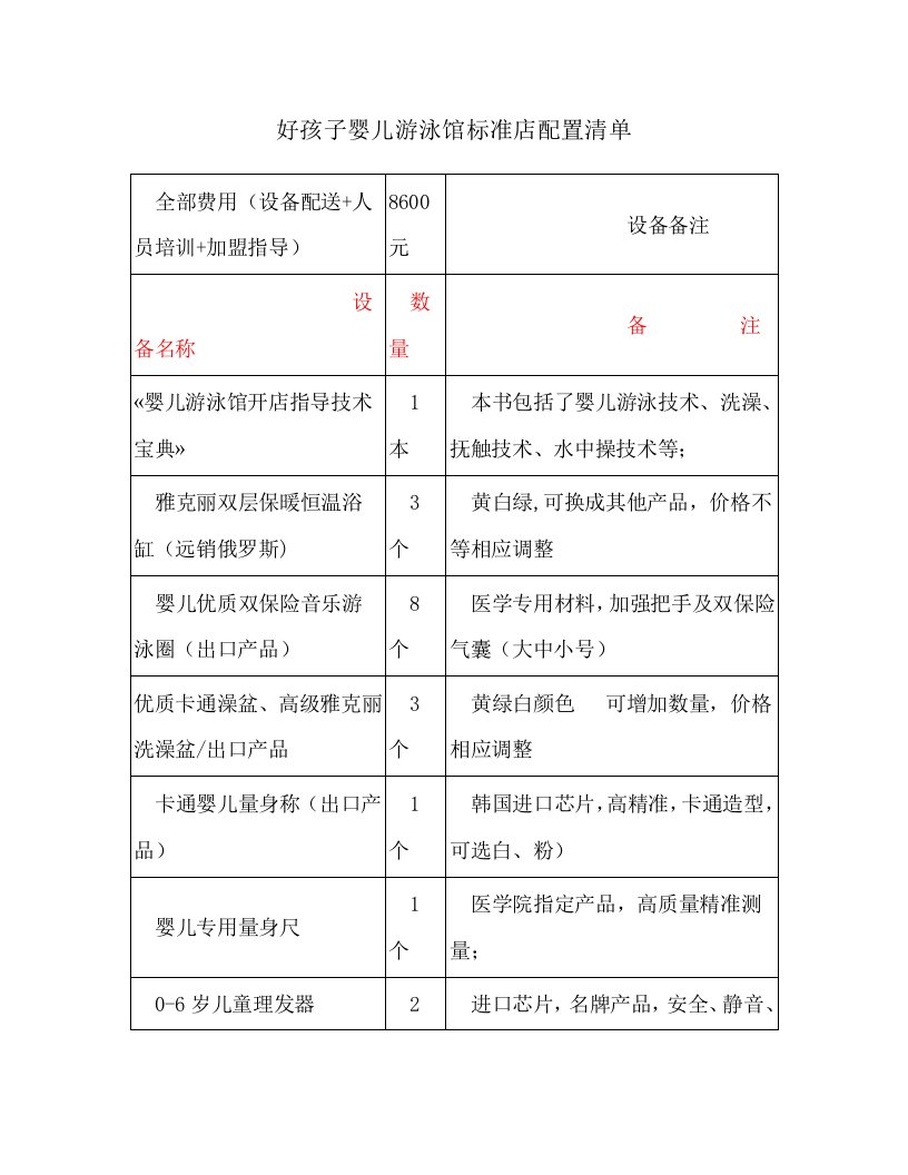 好孩子婴儿游泳馆标准店配置清单