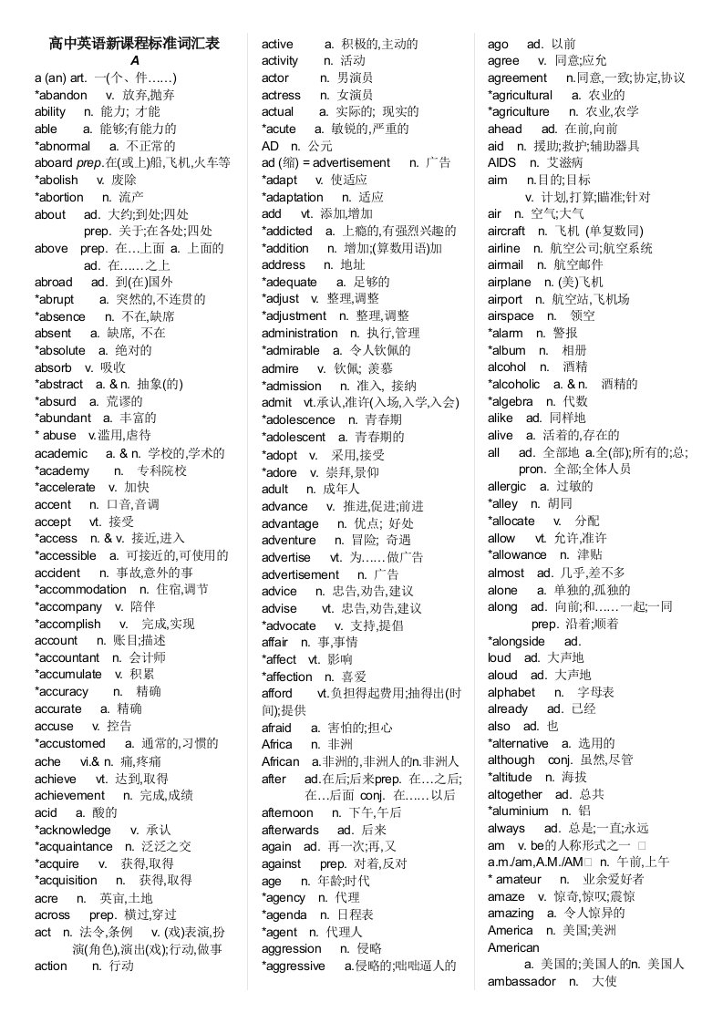 高中英语新课程3500词汇表32页版