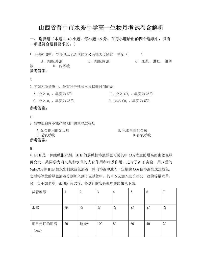 山西省晋中市水秀中学高一生物月考试卷含解析