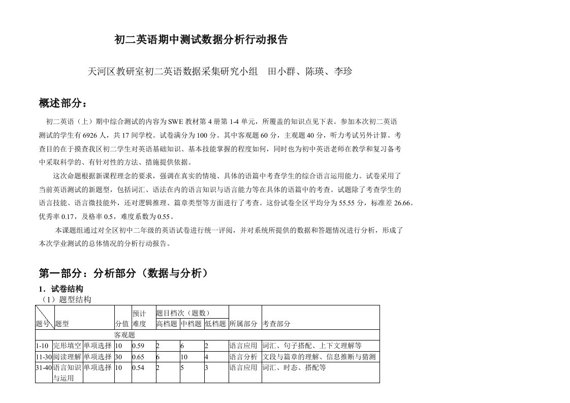 初二英语期中测试数据分析行动报告