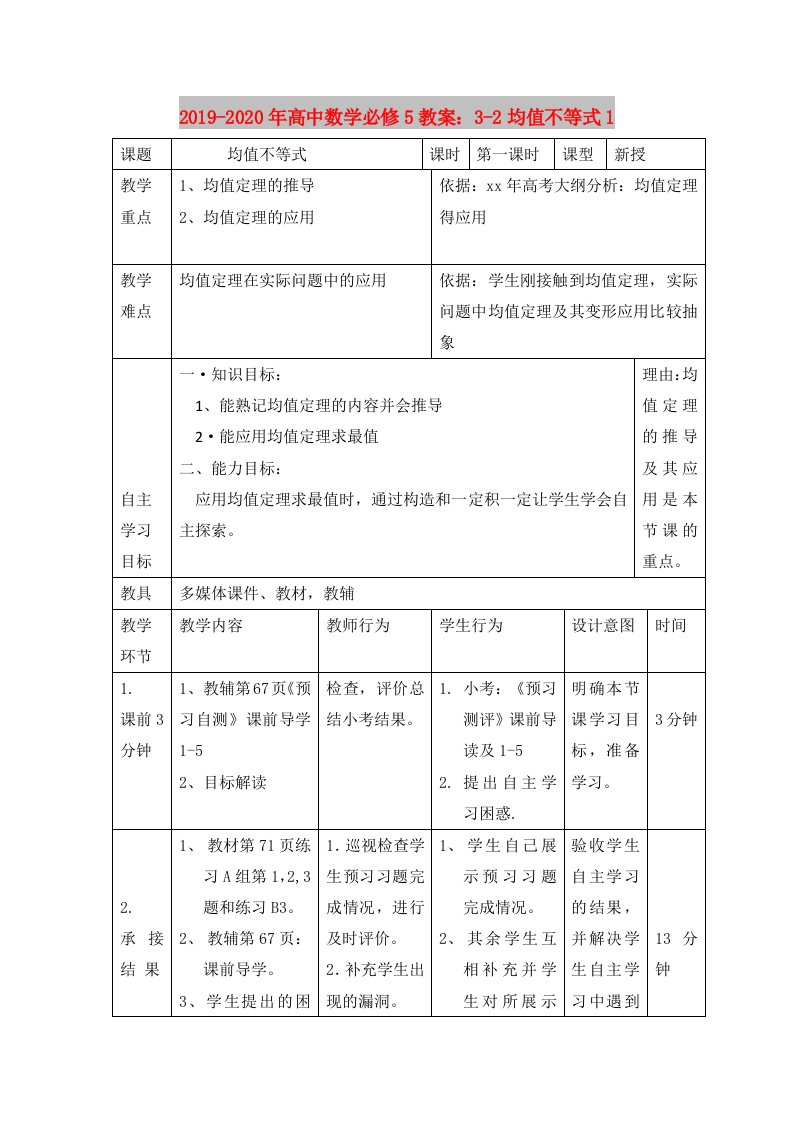 2019-2020年高中数学必修5教案：3-2均值不等式1