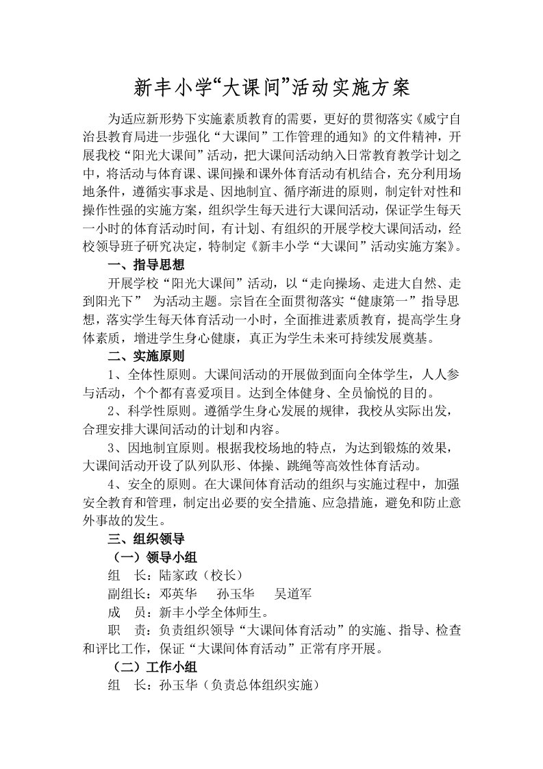 新丰小学大课间活动实施方案