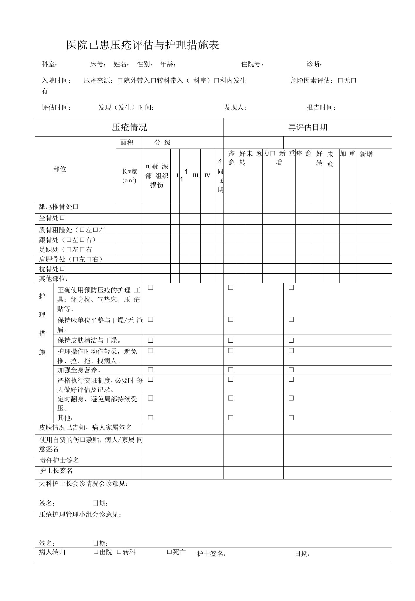 医院已患压疮评估与护理措施表