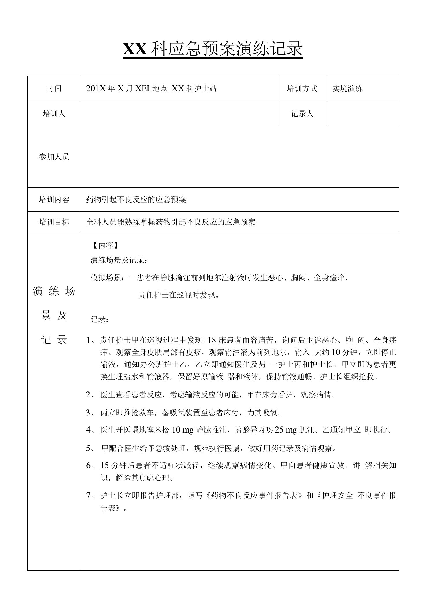 药物引起不良反应的应急预案演练