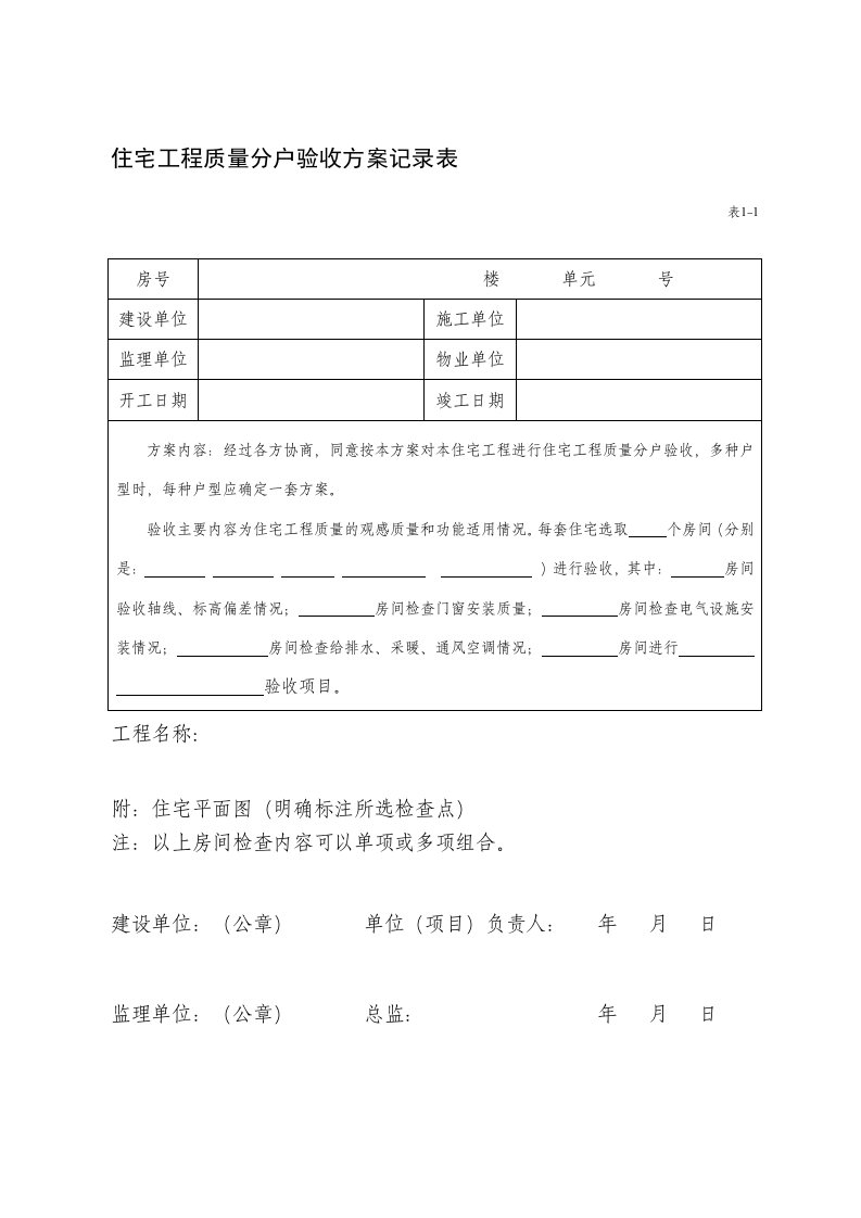 住宅工程质量分户验收方案记录表