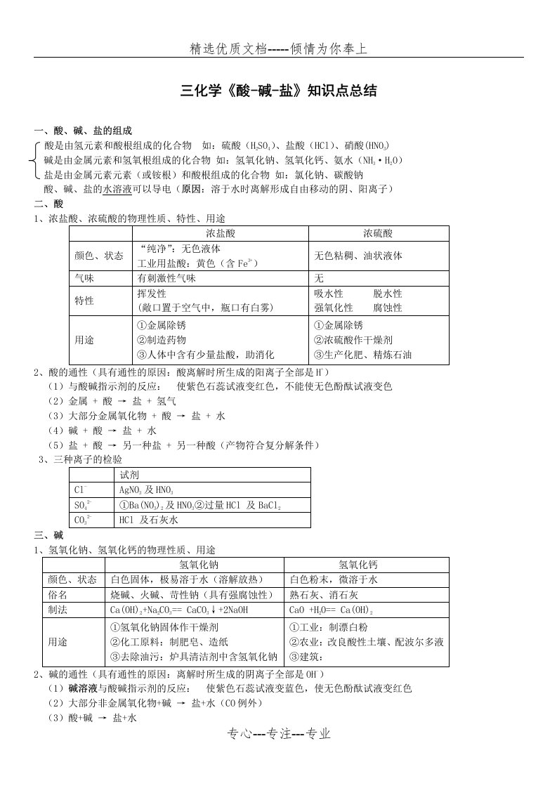 初三化学试题：酸碱盐综合测试试卷以及答案(共5页)