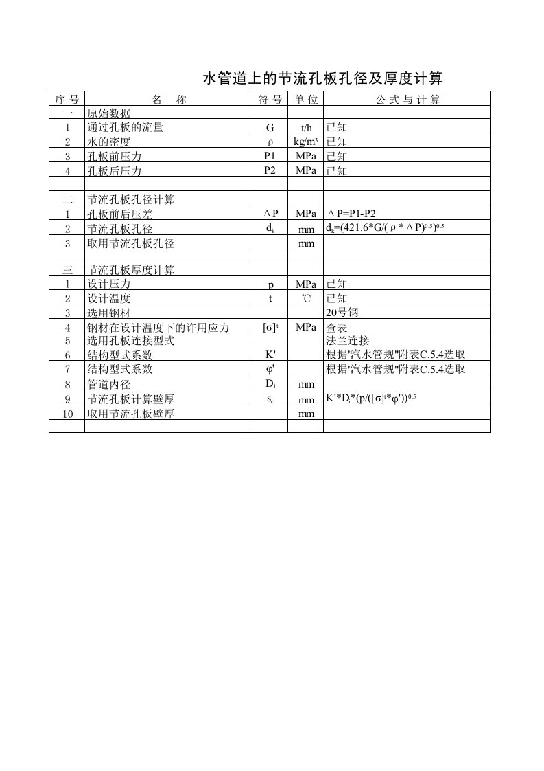 节流孔板孔径计算