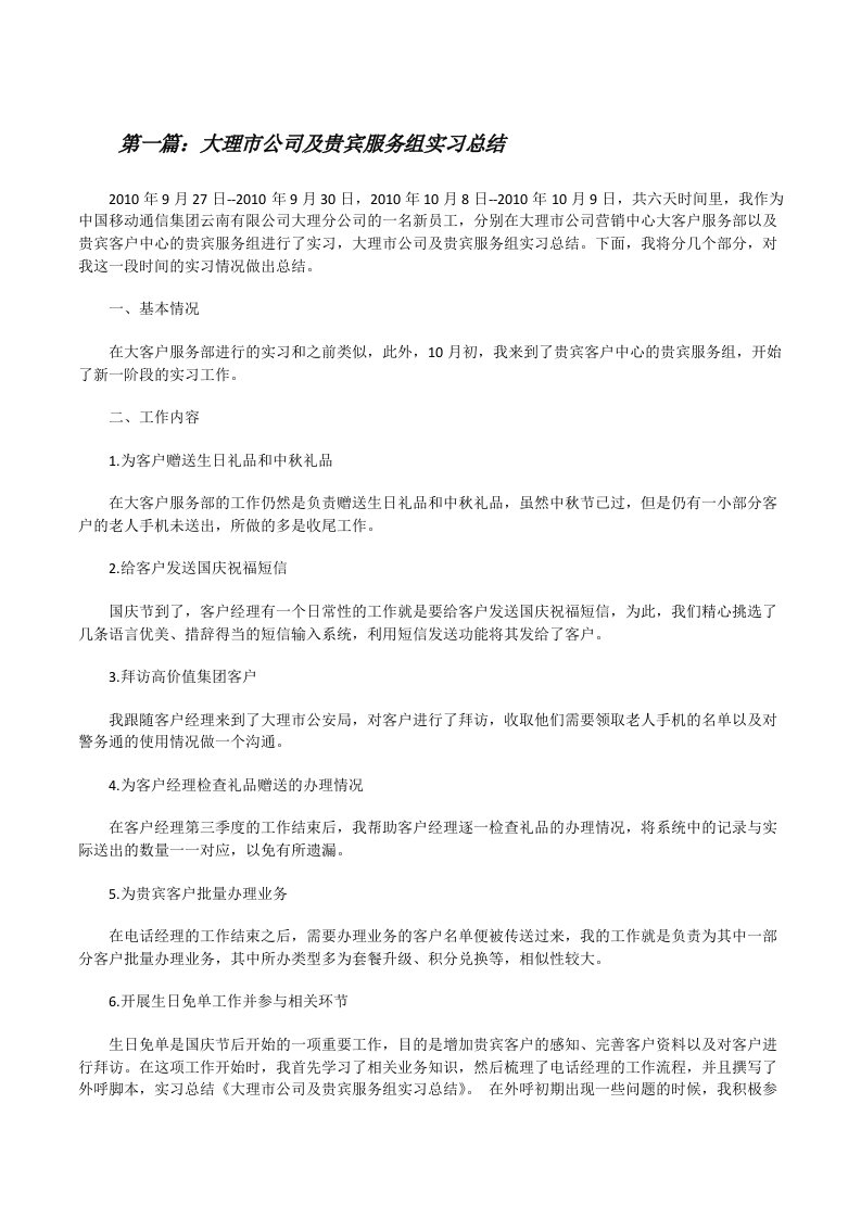 大理市公司及贵宾服务组实习总结[修改版]