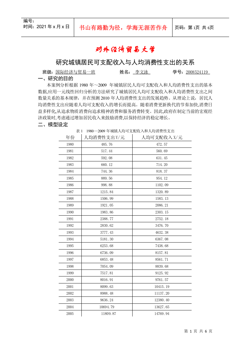 研究城镇居民可支配收入与人均消费性支出的关系(计量经济学模型)