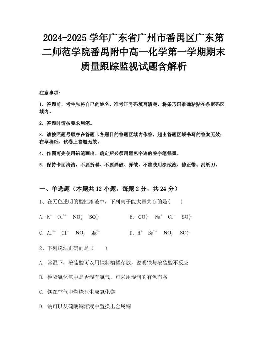 2024-2025学年广东省广州市番禺区广东第二师范学院番禺附中高一化学第一学期期末质量跟踪监视试题含解析