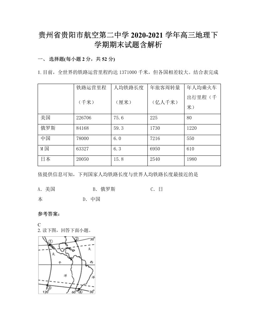 贵州省贵阳市航空第二中学2020-2021学年高三地理下学期期末试题含解析