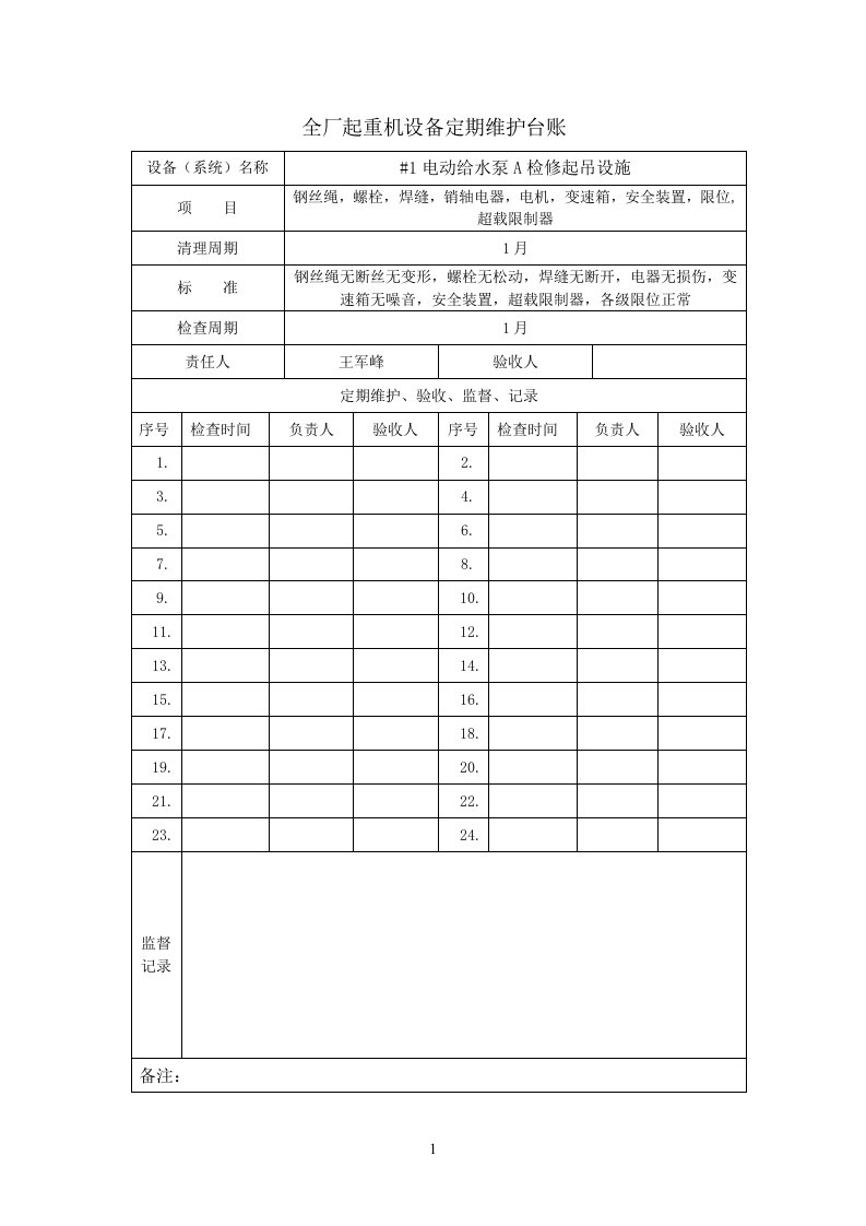 全厂起重机设备定期维护台账