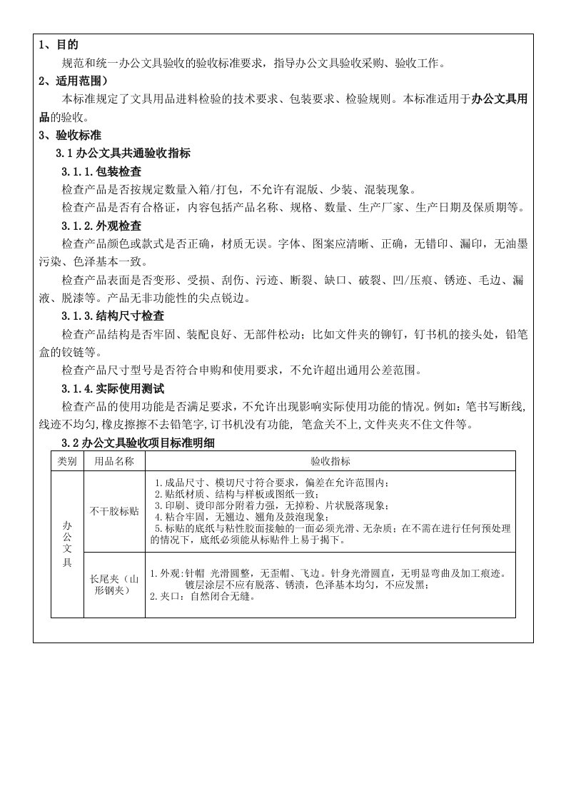 办公用品验收技术标准