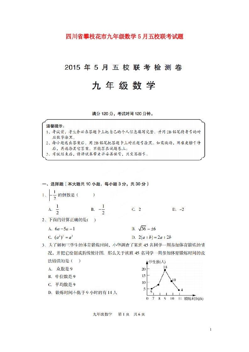 四川省攀枝花市九级数学5月五校联考试题（扫描版，无答案）