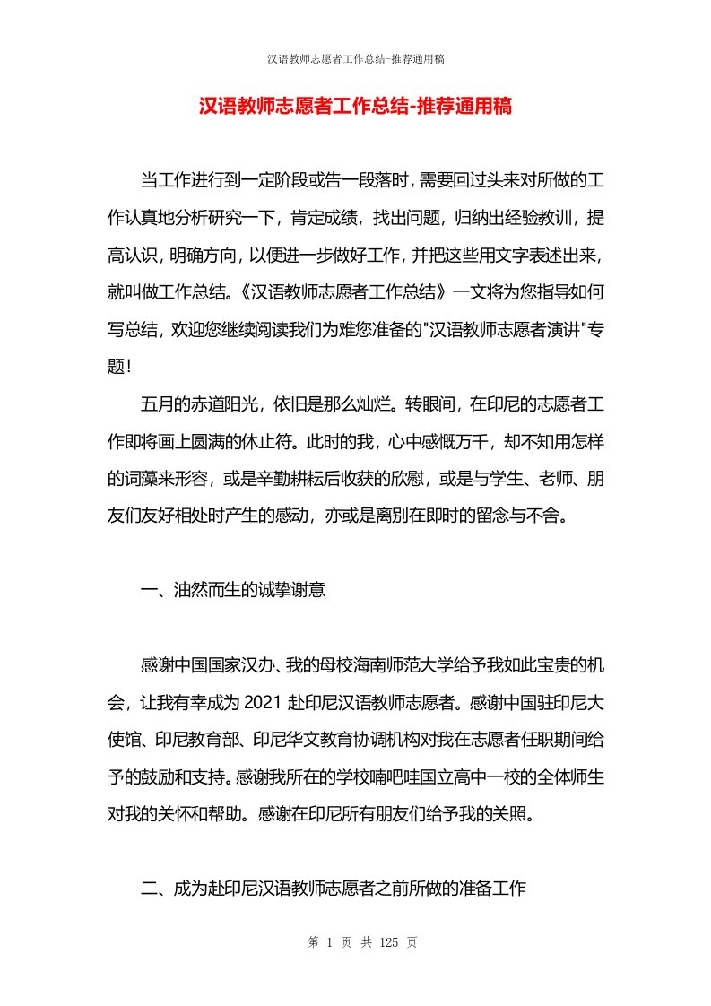 汉语教师志愿者工作总结