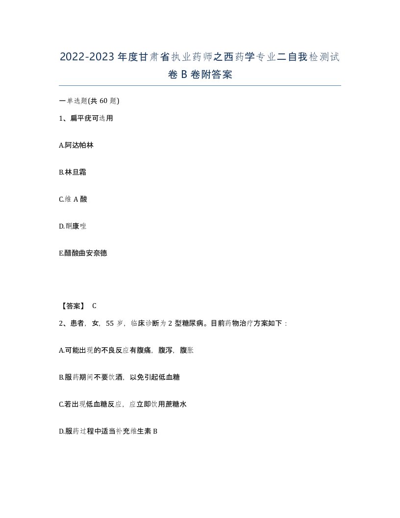 2022-2023年度甘肃省执业药师之西药学专业二自我检测试卷B卷附答案