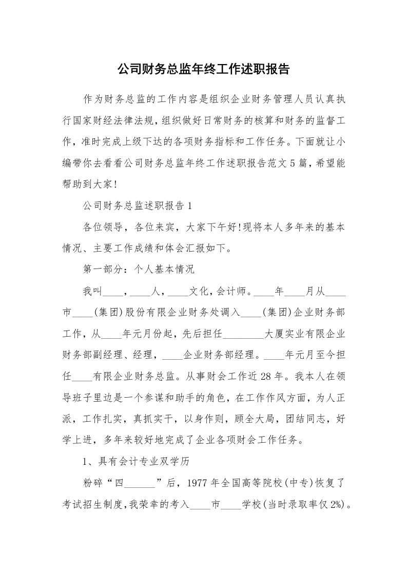 个人报告_公司财务总监年终工作述职报告