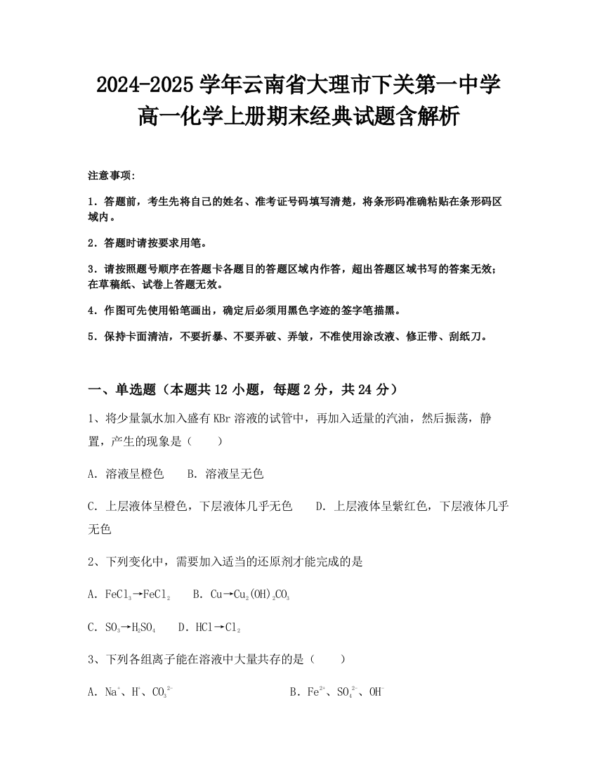 2024-2025学年云南省大理市下关第一中学高一化学上册期末经典试题含解析