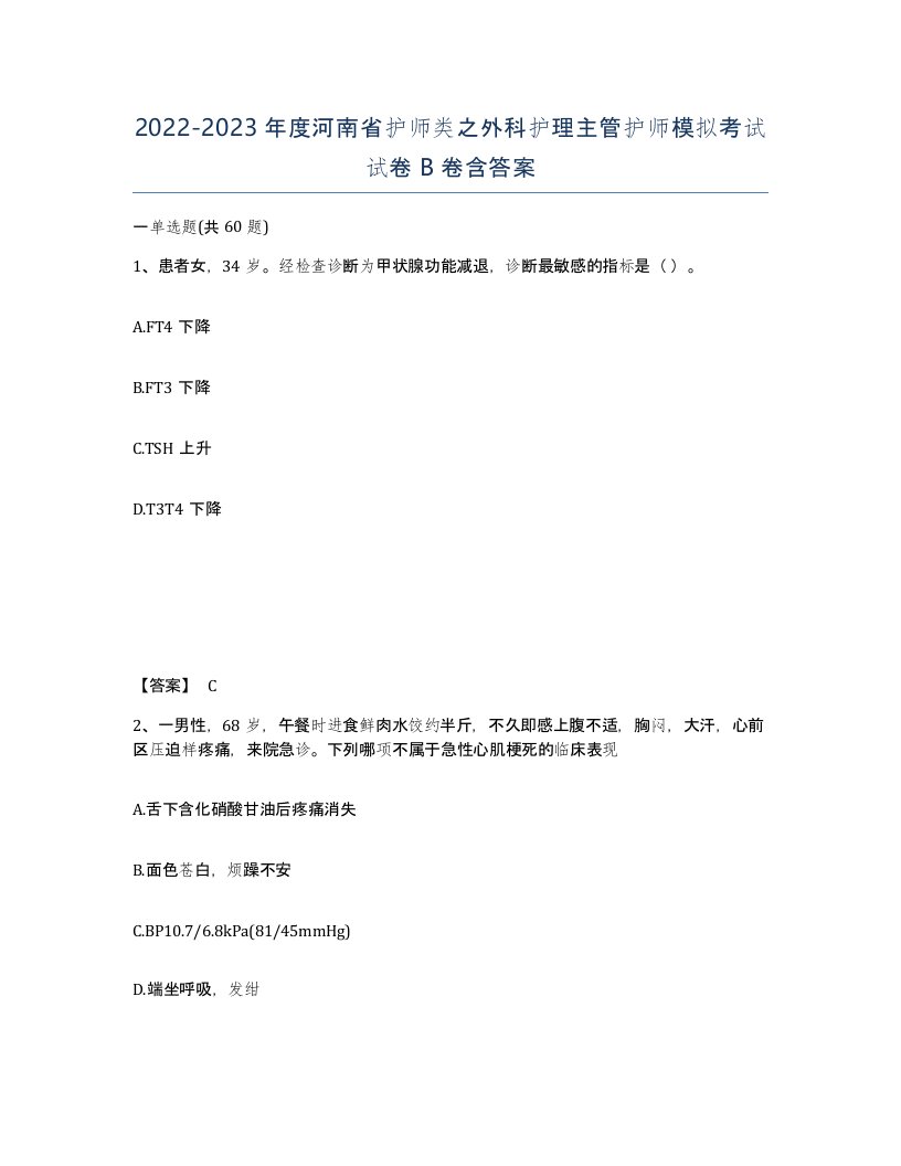 2022-2023年度河南省护师类之外科护理主管护师模拟考试试卷B卷含答案