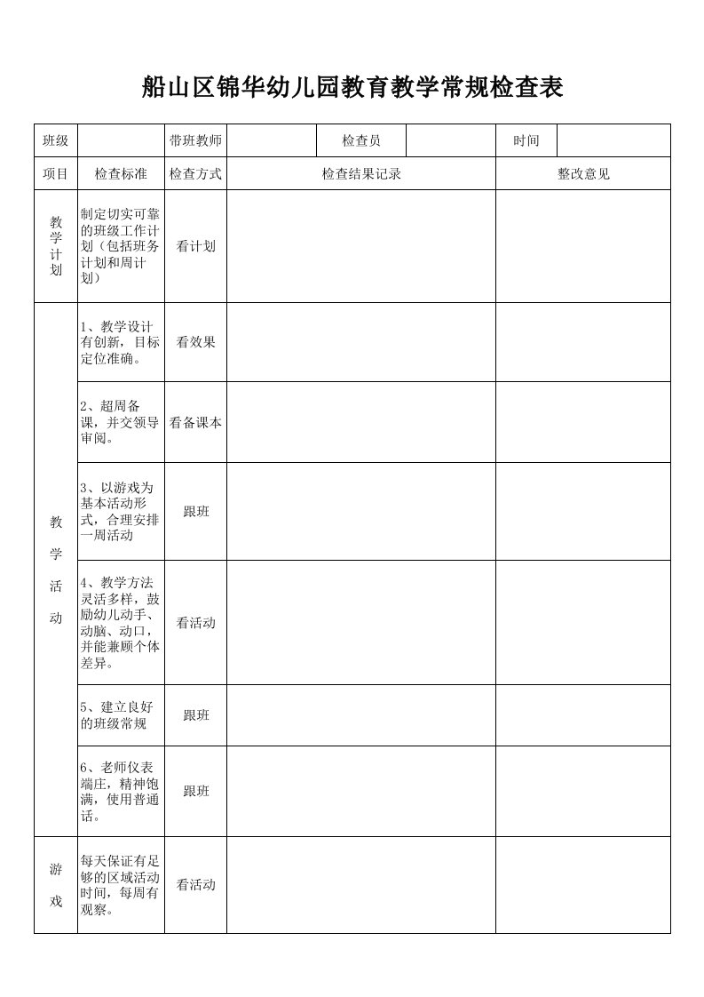 幼儿园教育教学常规检查表