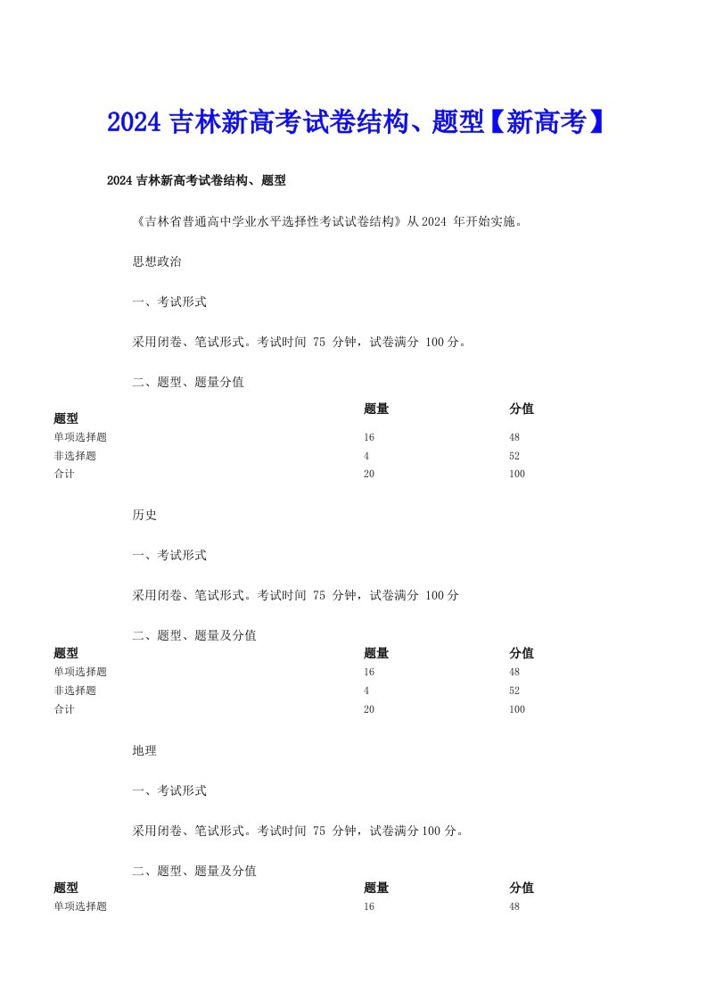 2024吉林新高考试卷结构、题型【新高考】