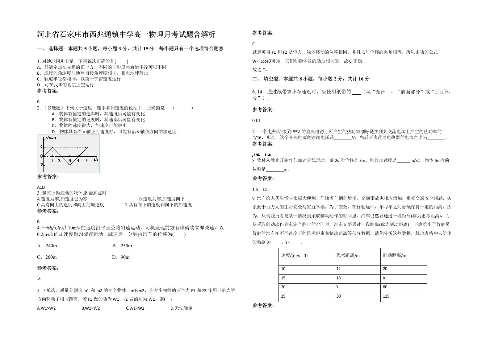 河北省石家庄市西兆通镇中学高一物理月考试题含解析