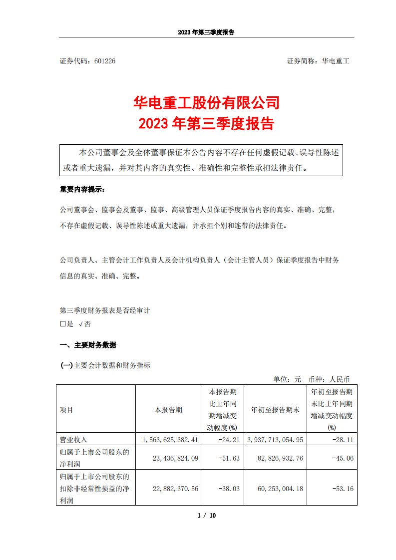 上交所-华电重工：2023年第三季度报告-20231026