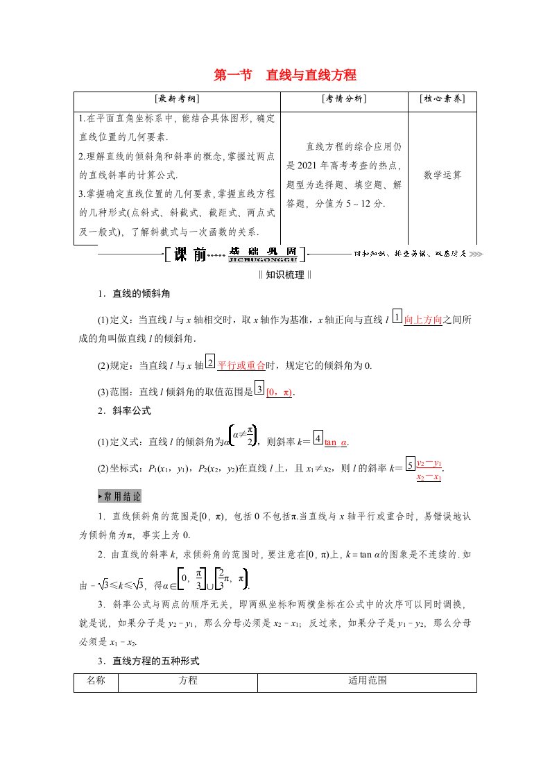 2021届高考数学一轮复习第九章解析几何第一节直线与直线方程学案理含解析