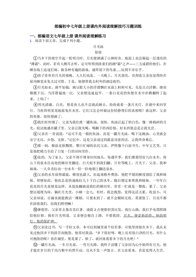 部编初中七年级上册课内外阅读理解技巧习题训练