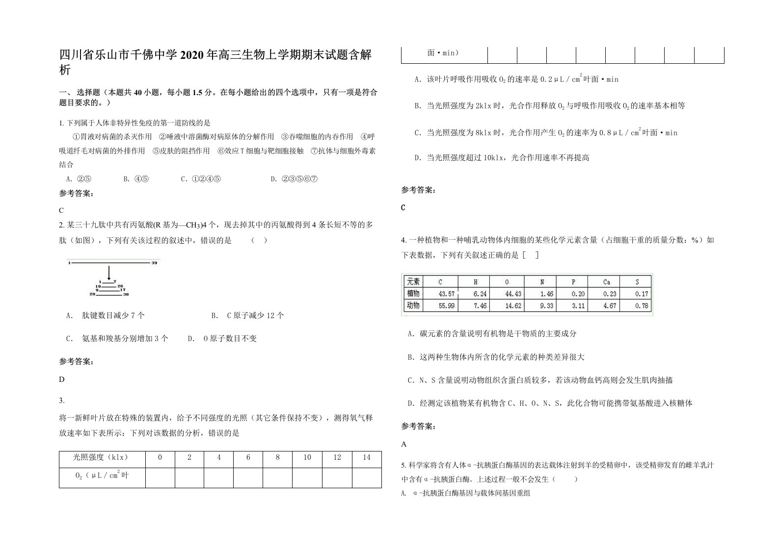 四川省乐山市千佛中学2020年高三生物上学期期末试题含解析