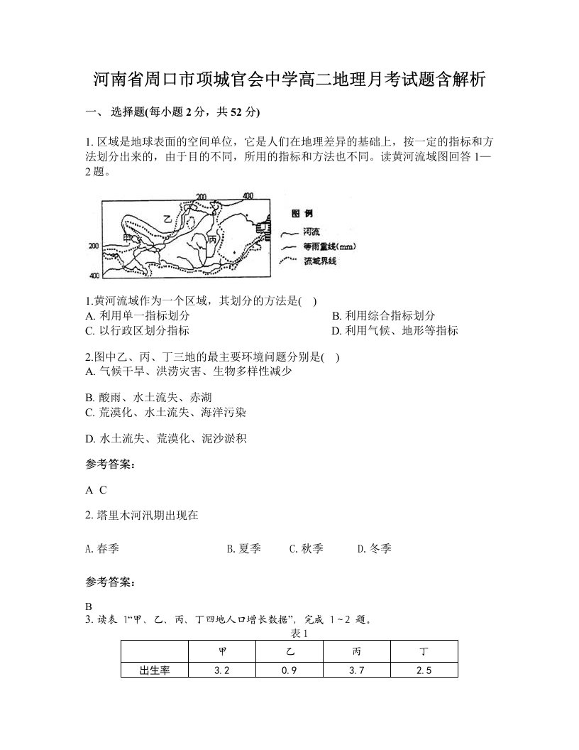 河南省周口市项城官会中学高二地理月考试题含解析