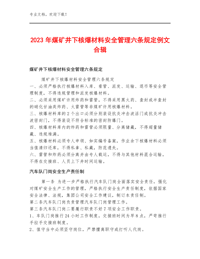 2023年煤矿井下核爆材料安全管理六条规定例文合辑