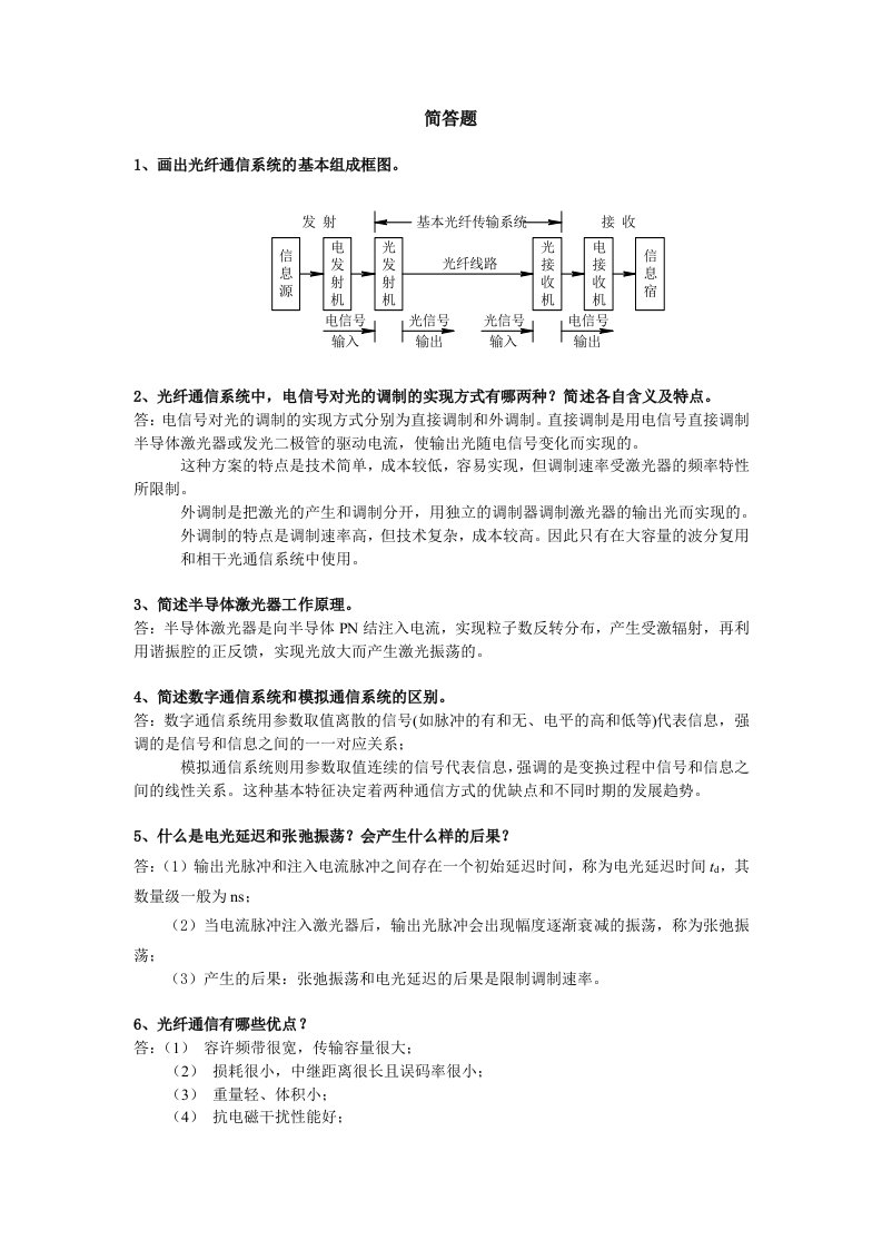 光纤通信期末考试简答