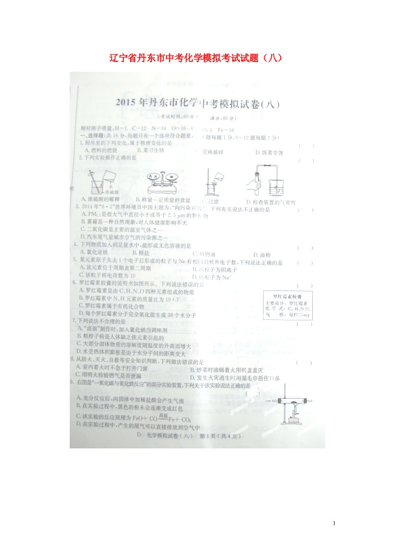 辽宁省丹东市中考化学模拟考试试题（八）（扫描版）