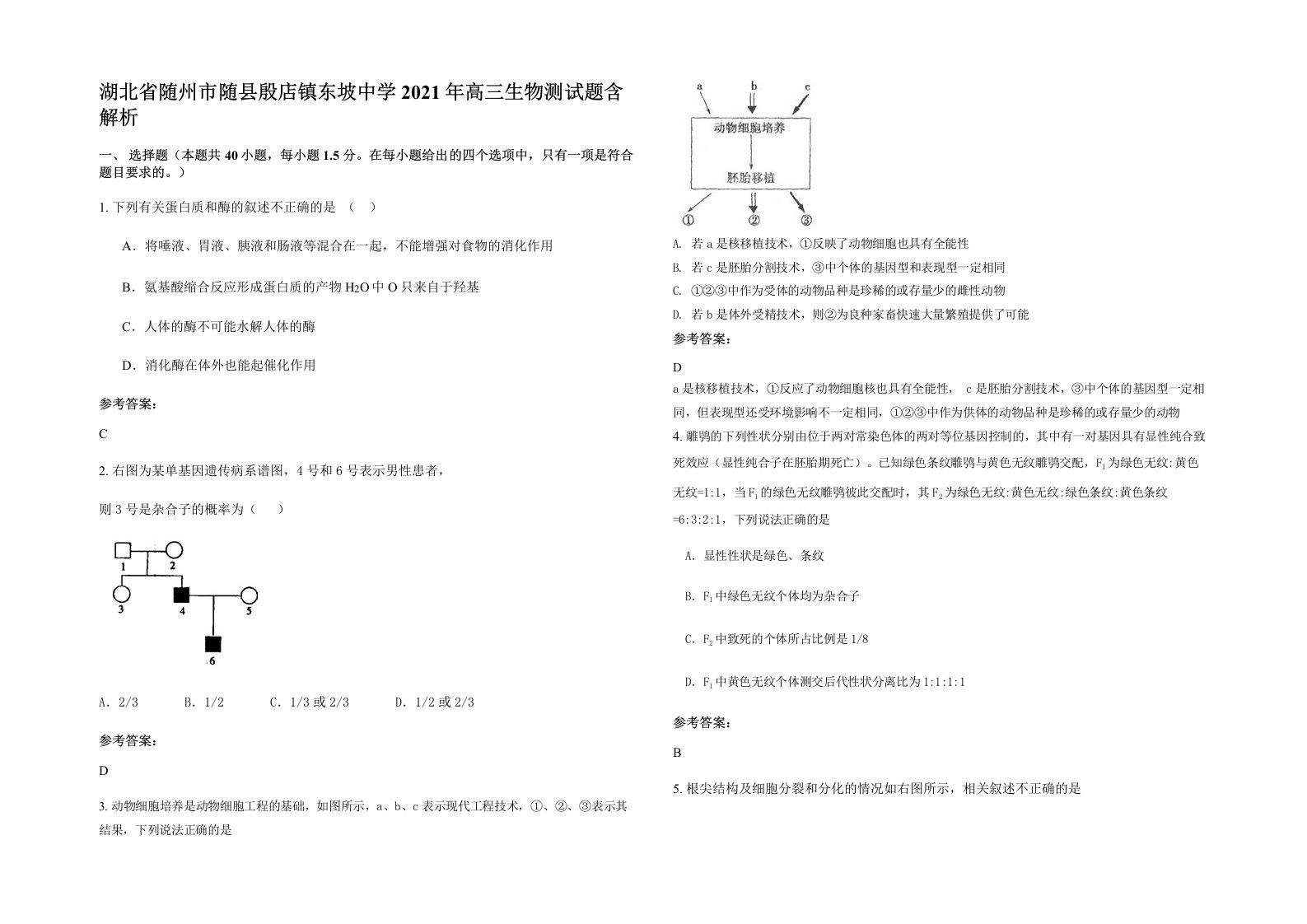 湖北省随州市随县殷店镇东坡中学2021年高三生物测试题含解析