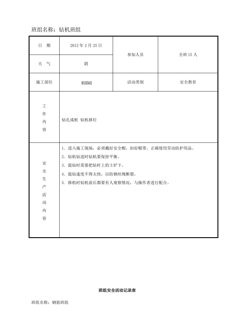 班组安全活动记录表填写范例