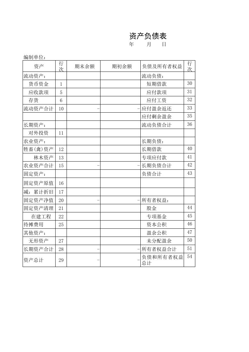 农业合作社资产负债表