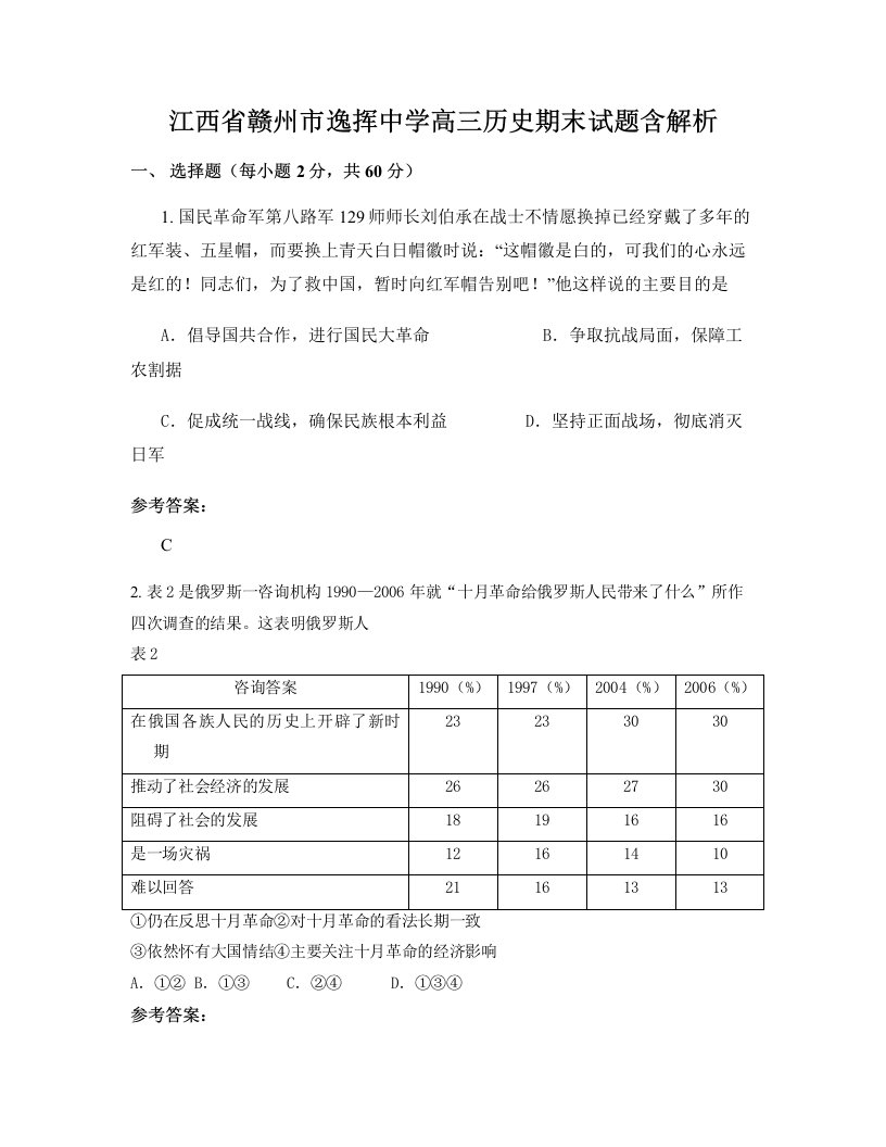 江西省赣州市逸挥中学高三历史期末试题含解析