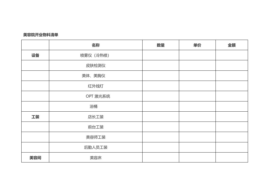 美容院开业物料采购清单