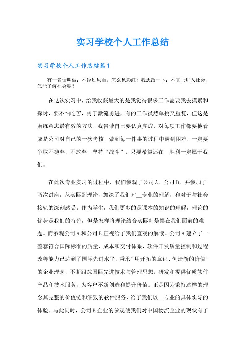 实习学校个人工作总结