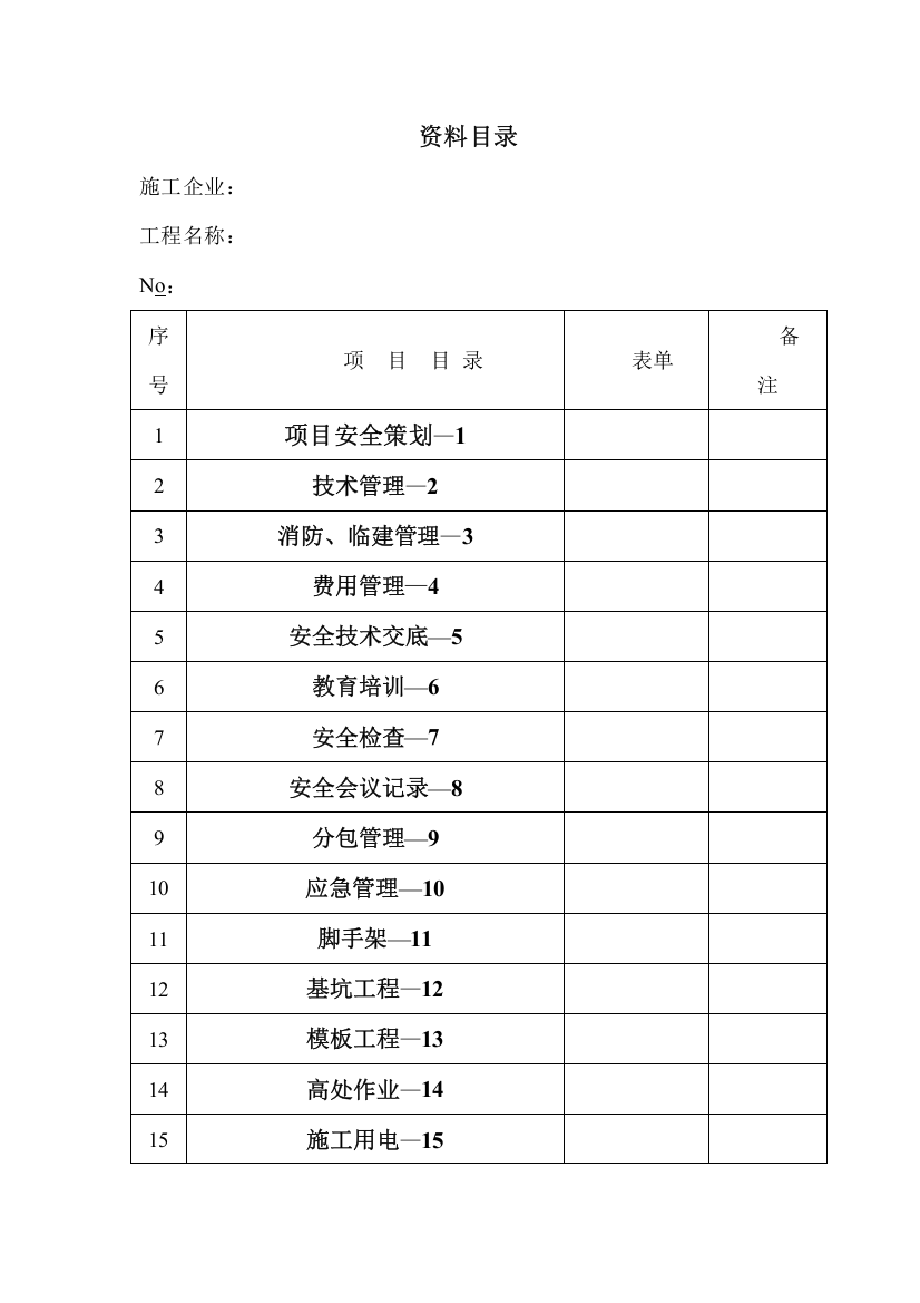 新安全管理资料表格