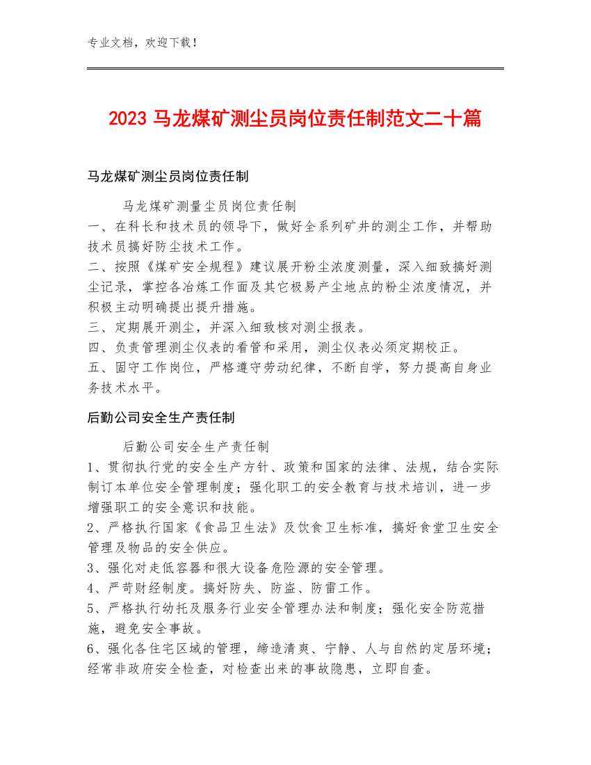 2023马龙煤矿测尘员岗位责任制范文二十篇