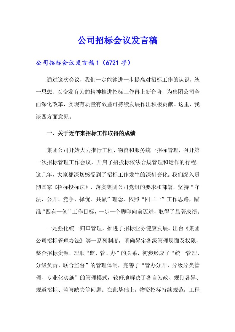 公司招标会议发言稿