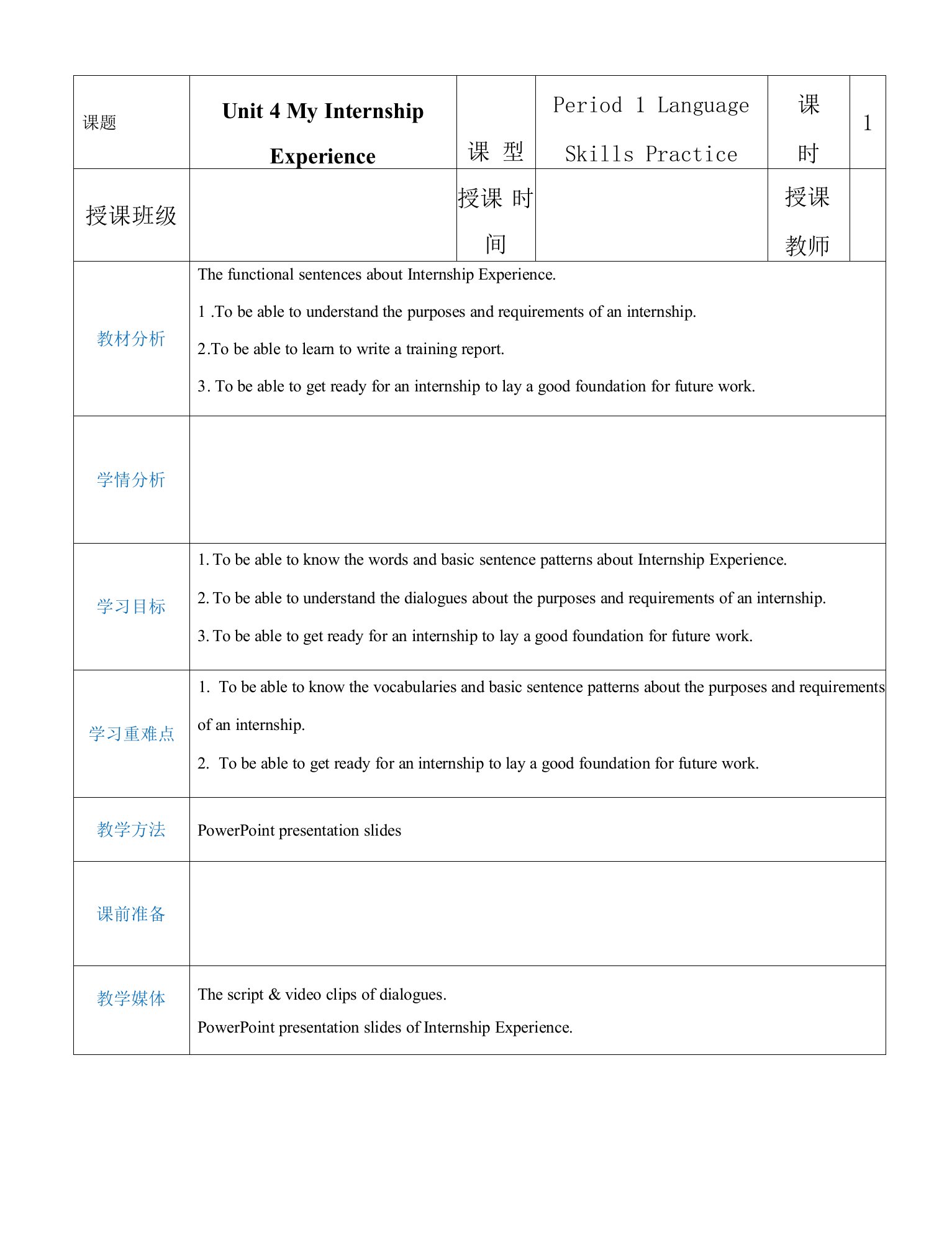 Unit+4+My+Internship+Experience+Period+1+Language+Skills+Practice+教案【中职专用】高一英语同步课堂（语文版2021基础模块3）